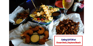 Eating Gator Bites at Ocean Deck, a beach bar in Daytona Beach, Florida