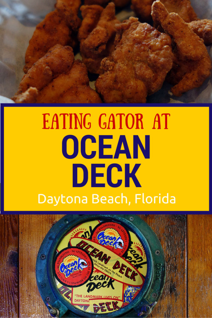 Eating Gator Bites at Ocean Deck, a beach bar in Daytona Beach, Florida