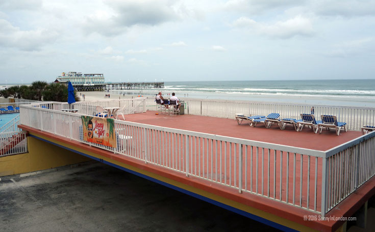 Eating Gator Bites at Ocean Deck, a beach bar in Daytona Beach, Florida