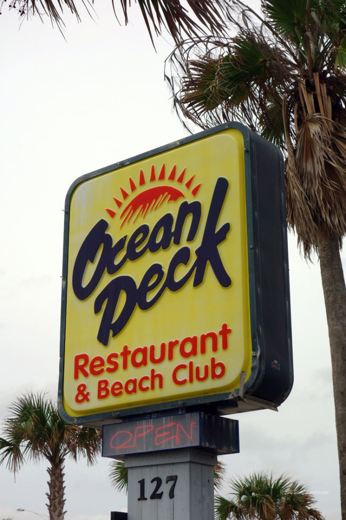 Eating Gator Bites at Ocean Deck, a beach bar in Daytona Beach, Florida