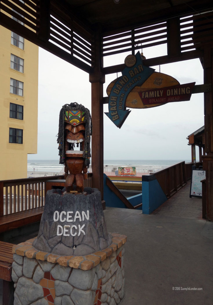 Eating Gator Bites at Ocean Deck, a beach bar in Daytona Beach, Florida